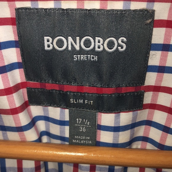 Bonobos Stretch Slim Fit Red White Blue Check Long Sleeve Button Down, 17.5/36. - Picture 4 of 10